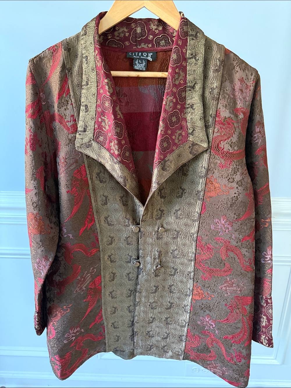 Citron Santa Monica Reversible Dragon Phoenix Brocade Jacket L Large Art to Wear